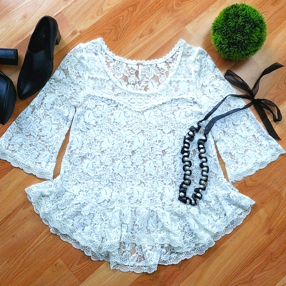 Free People Bell Sleeve Ivory Lace Top - Picture 3 of 15